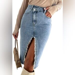 NEW Women’s High Waist Midi Jean Skirt Split Frayed Irregular Closure